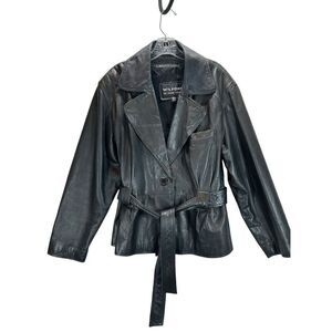 Wilsons Black Leather Belted Jacket XL Vintage Soft Moto Blazer